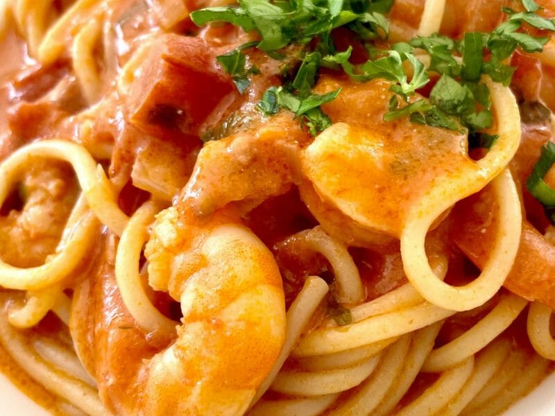 spaghettis aux crevettes et à lail au thermomix cookomix